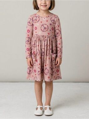Mila & Rose Tan Floral & Peace Sign Elbow Length Sleeve Twirl Dress